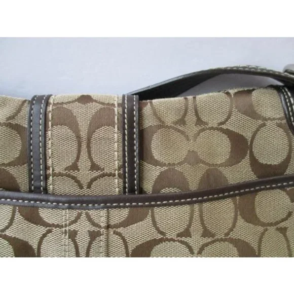 Coach Logo Leather Trim Flap Shoulder Tan Canvas Hobo Bag - Picture 7 of 9